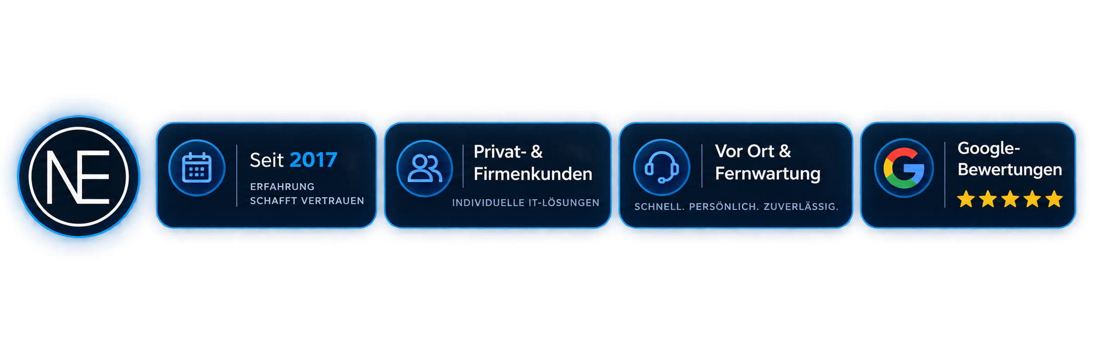 Vertrauensmerkmale des IT-Service Seligenstadt: seit 2017, Privat- und Firmenkunden, Vor-Ort-Service, Fernwartung und Google-Bewertungen